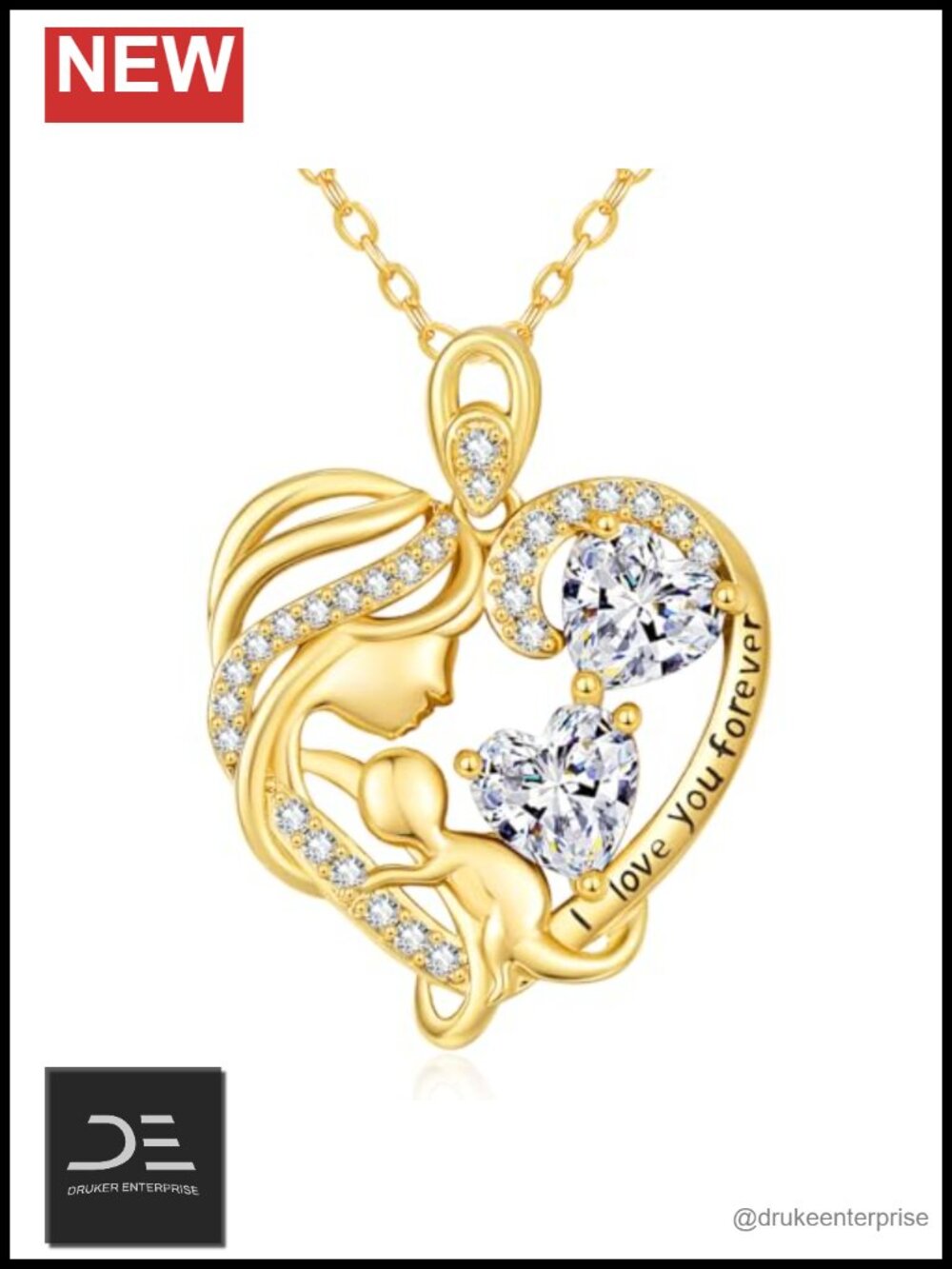 14K Gold Plated Mom Heart Pendant Necklace with 2 Birthstones, I Love You